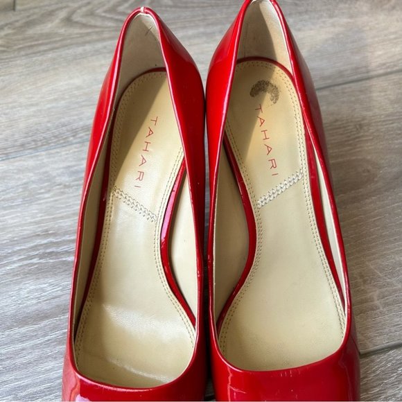 Tahari RIDDLE Red Patent  Leather Heels Open Square Toe Pumps - Picture 11 of 15